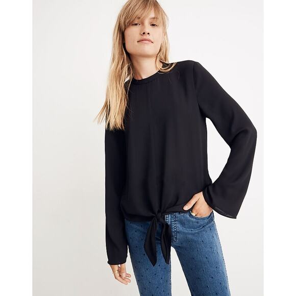 NEW Madewell Bell-Sleeve Tie Front V-Neck Top Blouse in Black Size X-Small NWT - Picture 2 of 13